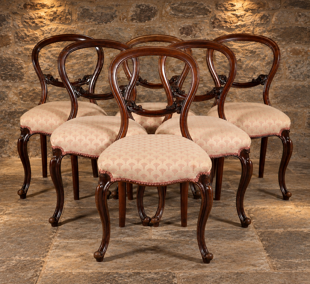 Set of Six Antique Victorian Mahogany Balloon Back Dining Chairs – c.1840–1860