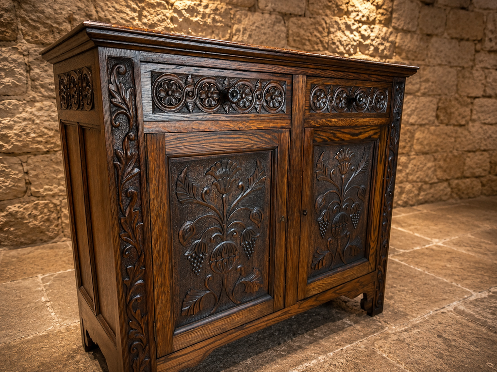 Antique Arts & Crafts Oak Sideboard – Edwardian Carved Oak Cabinet | Liberty Style Server with Floral Carvings