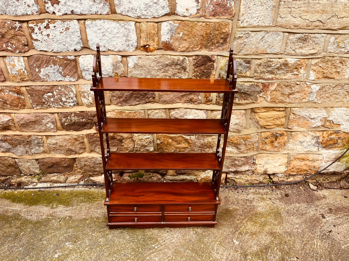 Vintage Mahogany Whatnot Shelving Unit with Drawers – Narrow Edwardian Style Display Bookcase