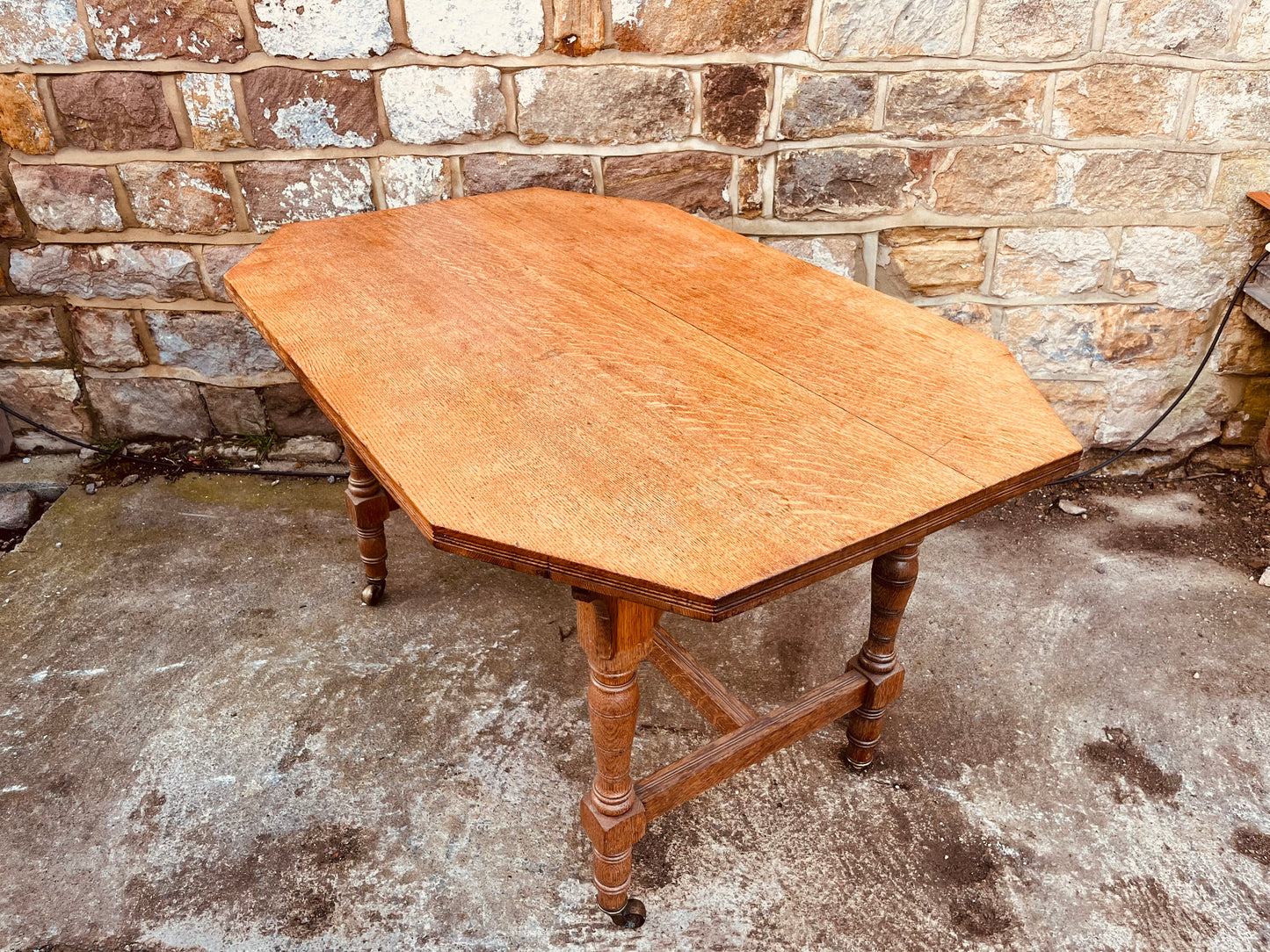 Antique Edwardian Oak Occasional Table – Octagonal Tiger Oak Side Table on Castors
