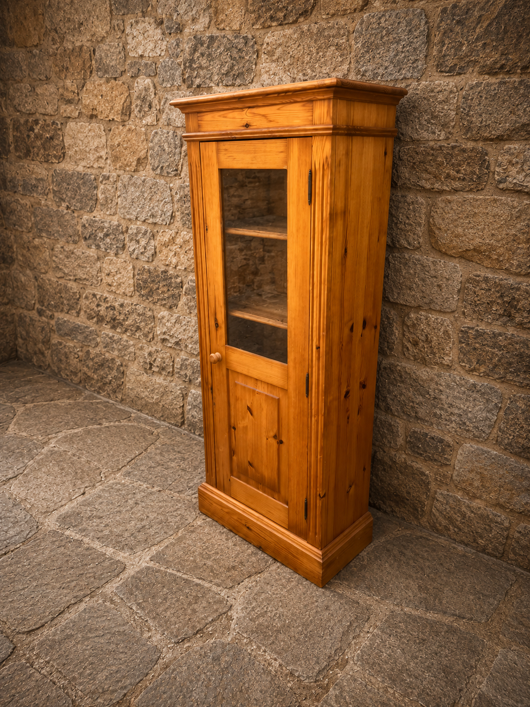 Vintage Pine Display Cabinet | Rustic Farmhouse Glazed Bookcase | Narrow Country Storage Cabinet | Cottage Pine Cupboard