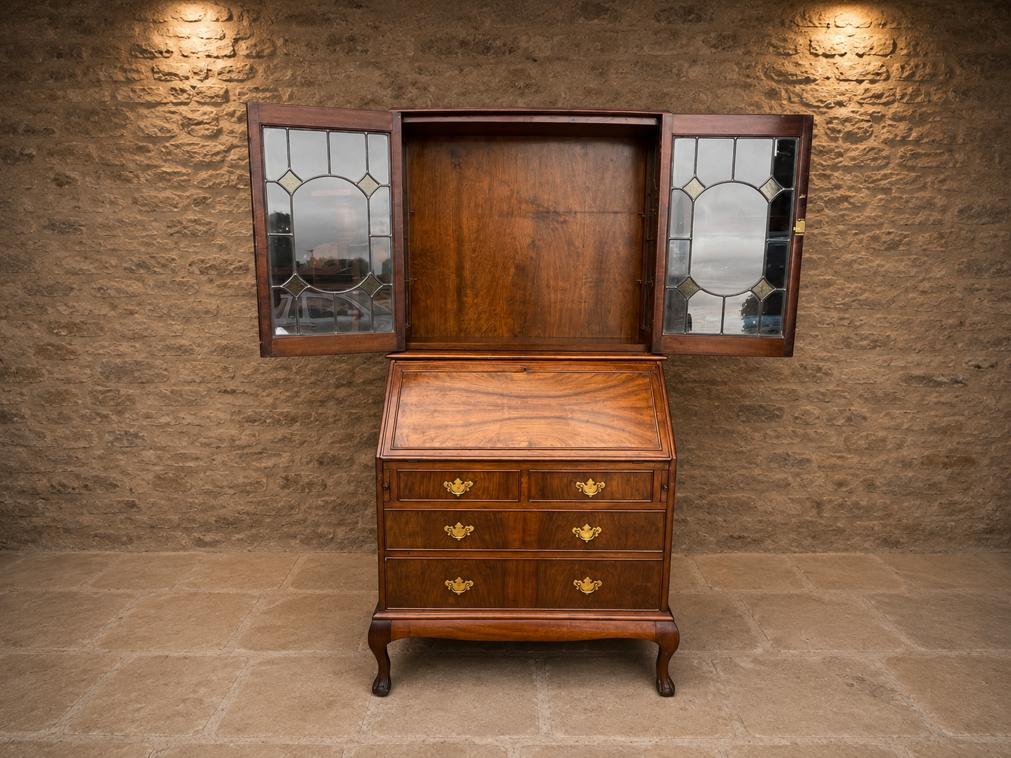 Antique George II Revival Walnut Bureau Bookcase | Glazed Display Cabinet & Writing Desk | Circa 1925–1935