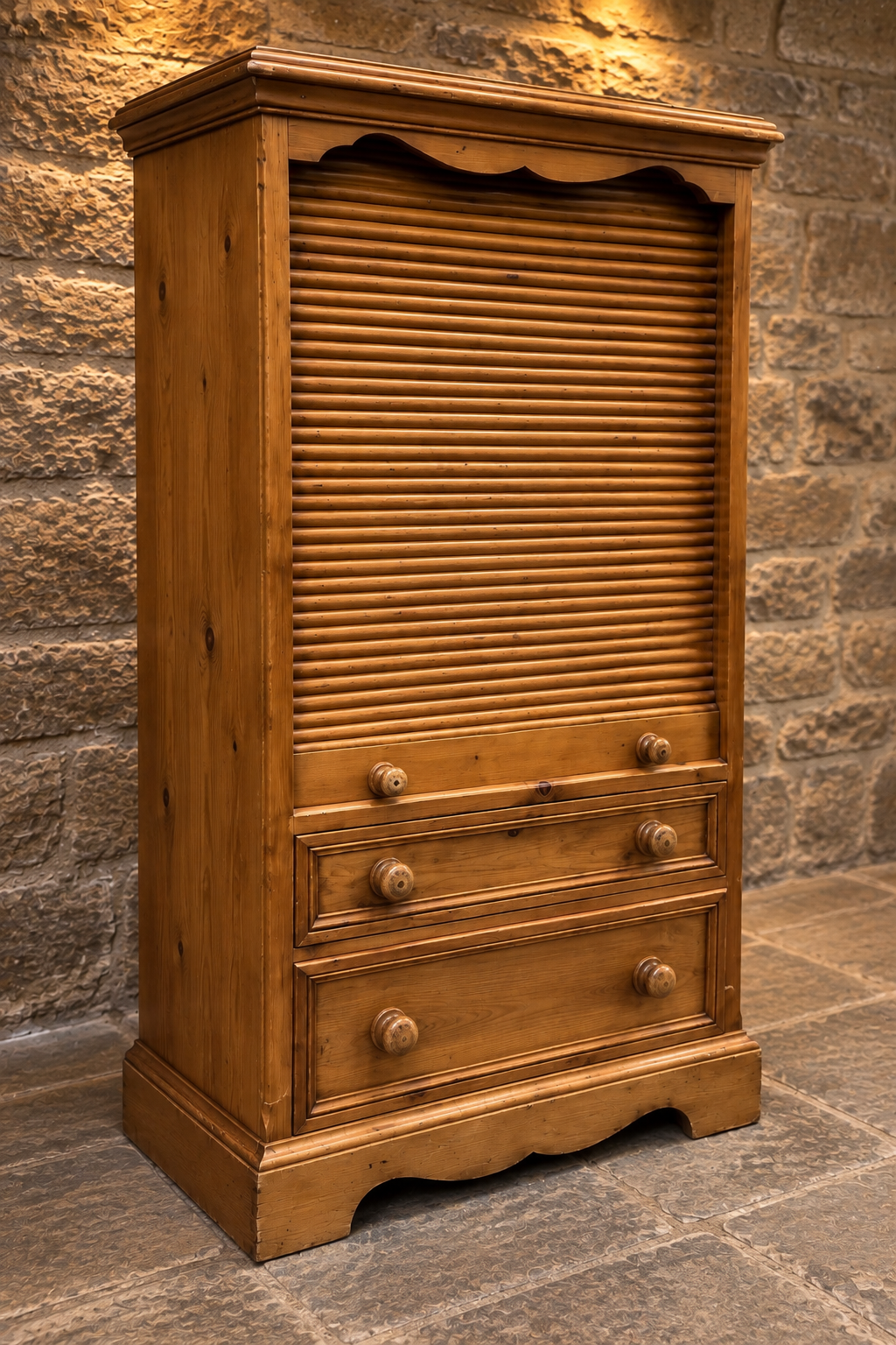 Antique Victorian Pine Tambour Linen Press c.1880 – Roll Front Storage Cabinet