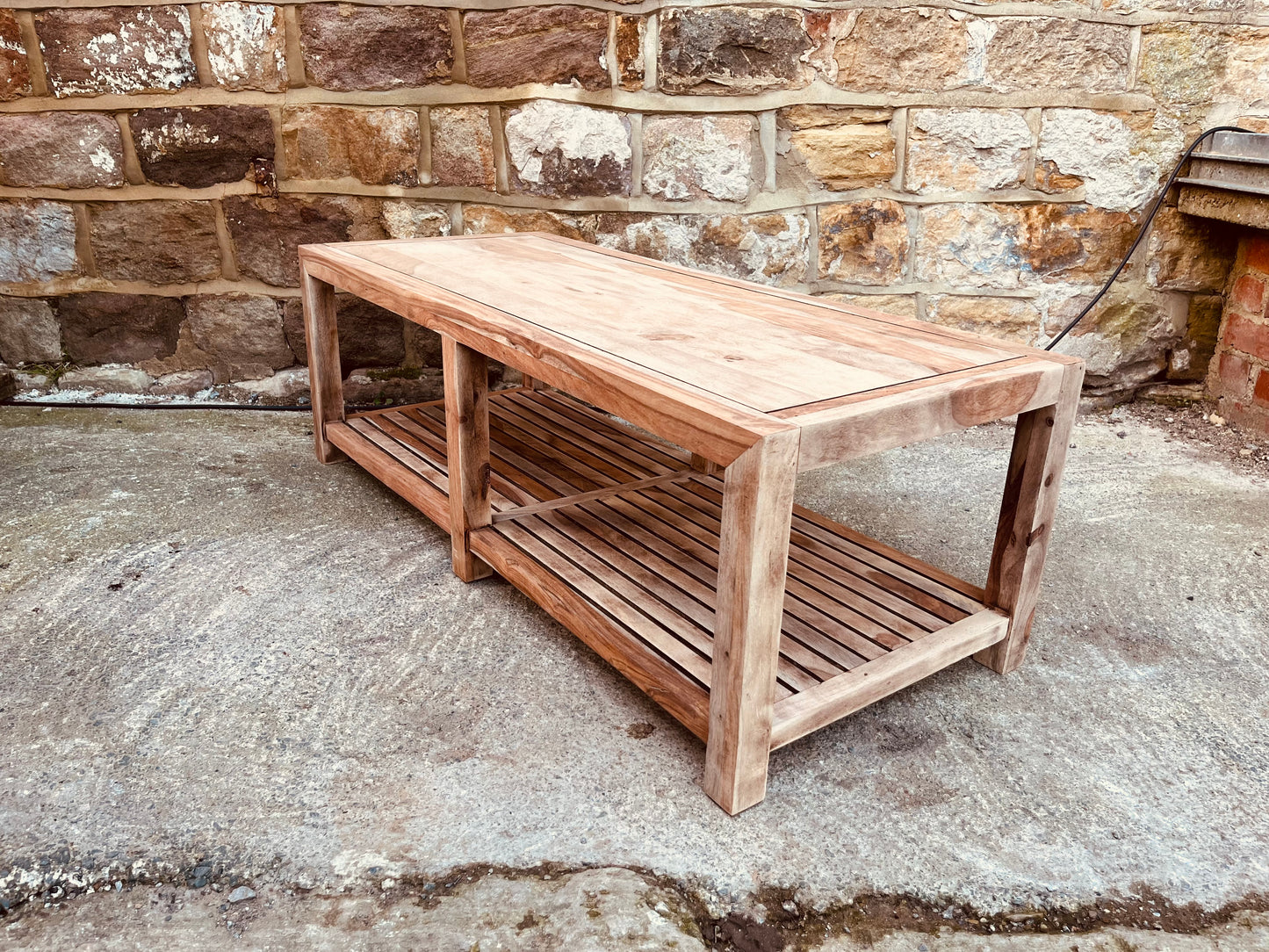 Large Solid Hardwood Coffee Table | Rustic Modern Acacia Table | Wooden Coffee Table with Slatted Shelf