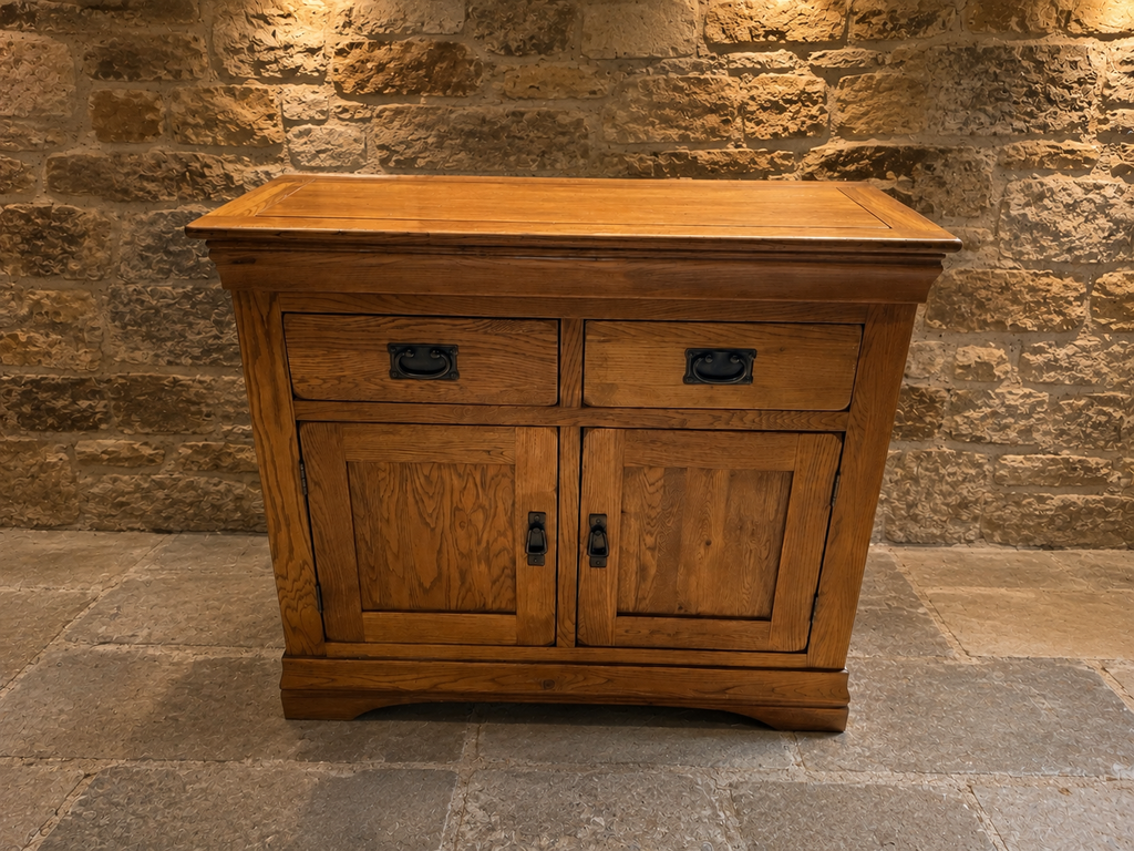 Solid Oak Arts & Crafts Style Sideboard – Two Drawer & Double Cupboard Storage