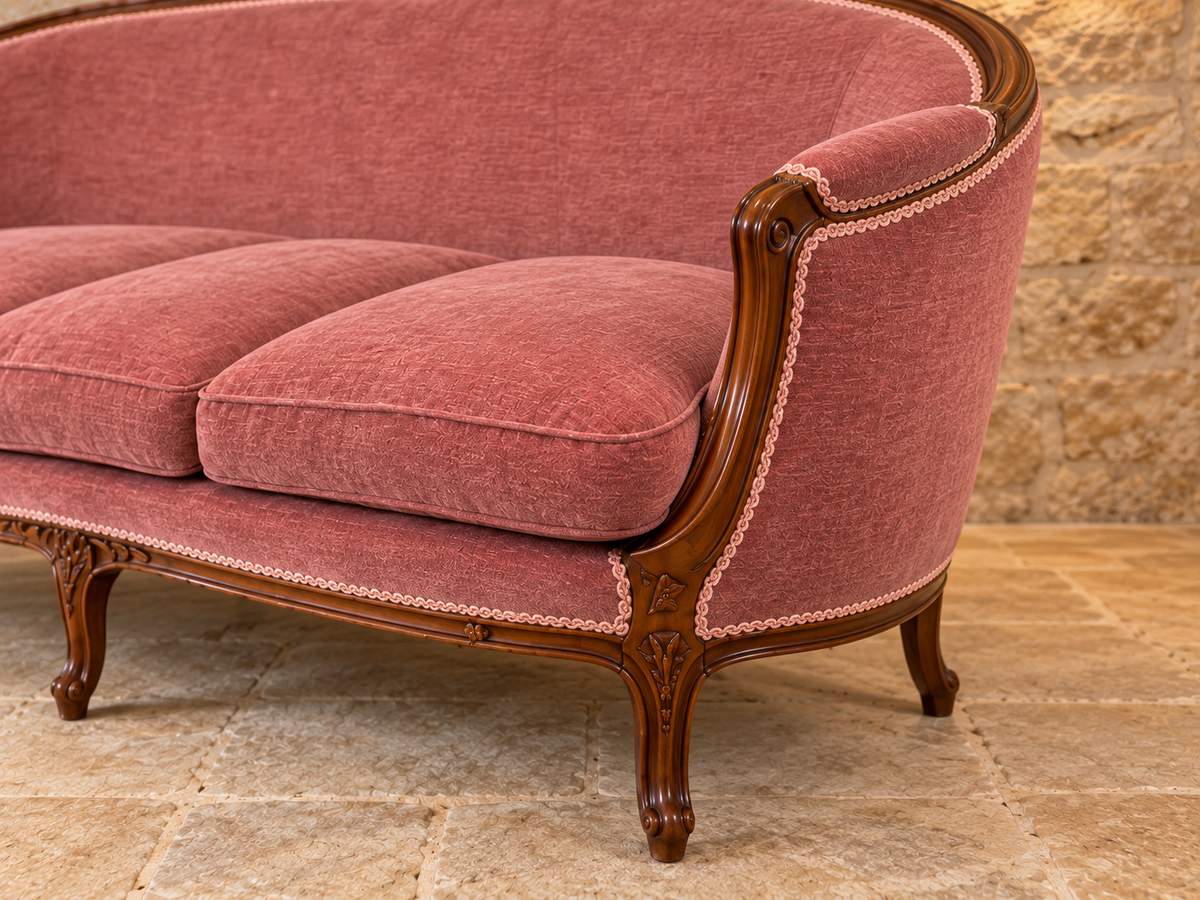 Vintage Louis XV style sofa in dusty rose pink