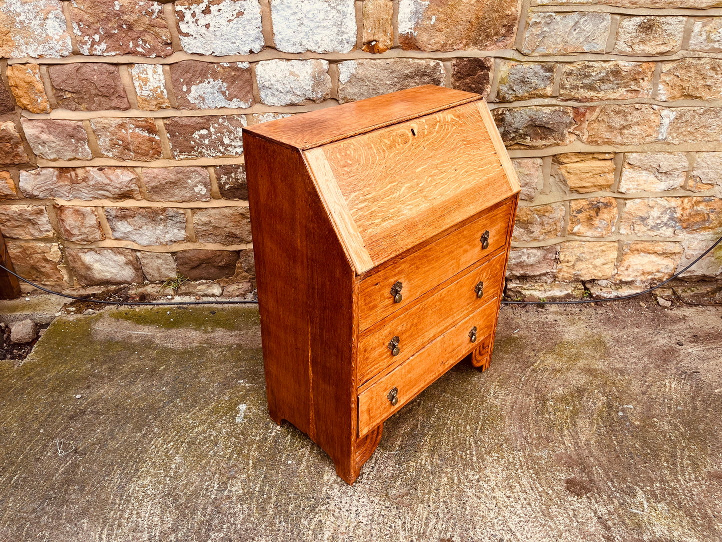1930s Solid Oak Bureau Writing Desk with Fall Front & Pigeonholes