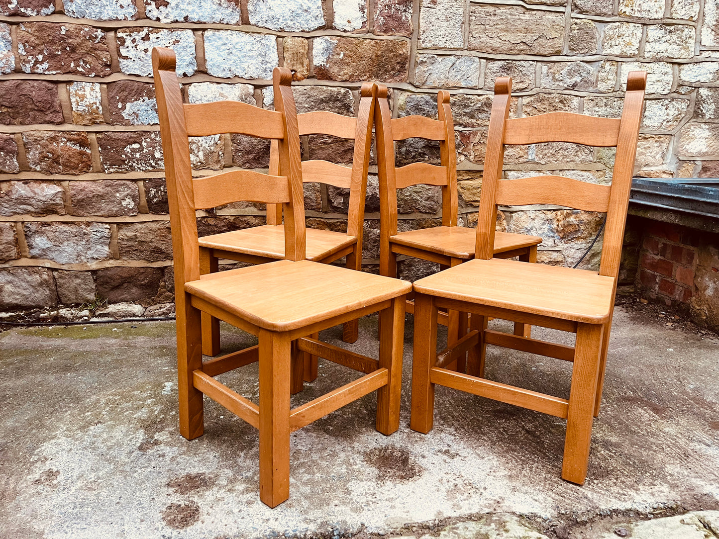 Set of Four Vintage Solid Oak Ladderback Dining Chairs