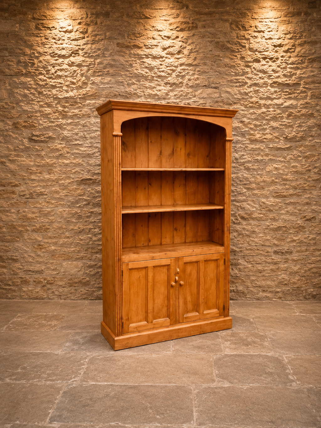 Vintage Solid Pine Farmhouse Bookcase | Rustic Country Display Cabinet | English Pine Shelving Unit with Cupboard