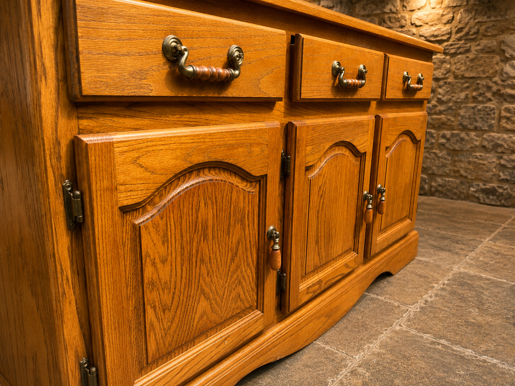 Vintage Solid Oak Country Sideboard – Large Three Drawer Farmhouse Storage Cabinet