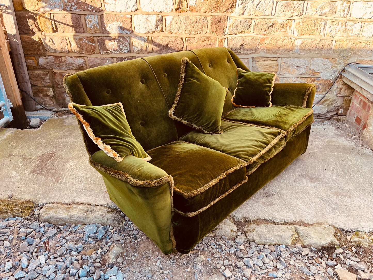 Vintage Olive Green Velvet Sofa – 1970s Three Seater Country House Style