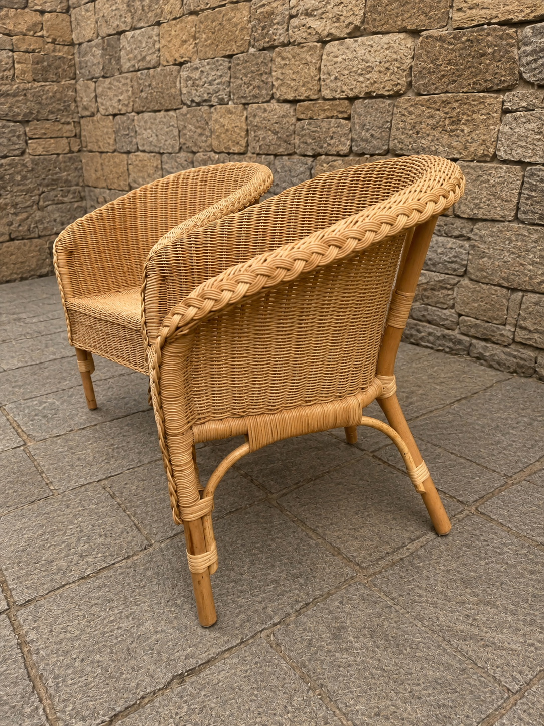 Vintage Children’s Wicker Tub Chairs Pair | Natural Rattan Nursery Seating c.1990–2010