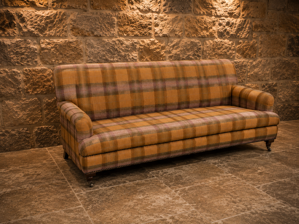 Vintage English Country House Three Seater Sofa | Tartan Wool Sofa | Traditional Scroll Arm Country Furniture