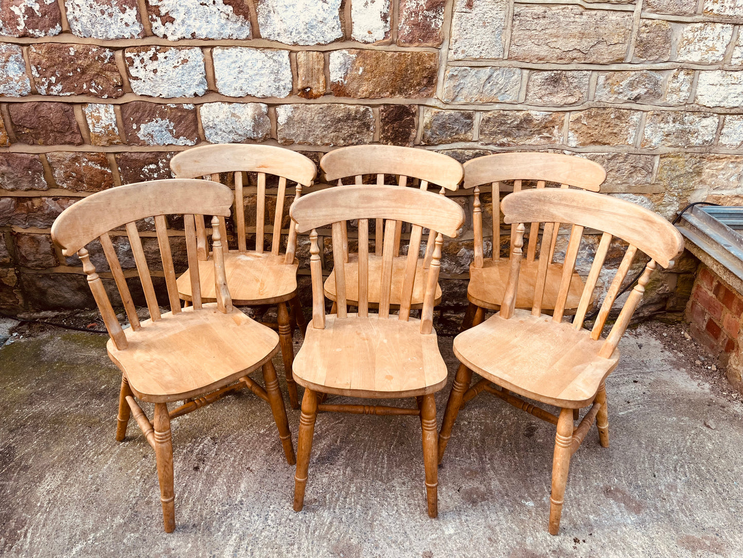 Set of Six Vintage Farmhouse Windsor Dining Chairs – Rustic Solid Wood Kitchen Chairs