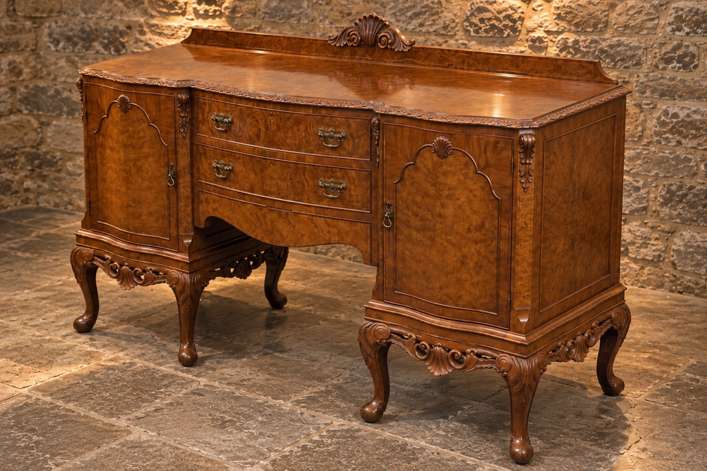 Vintage Queen Anne Style Burr Walnut Sideboard – Ornate Carved Cabriole Leg Buffet Cabinet