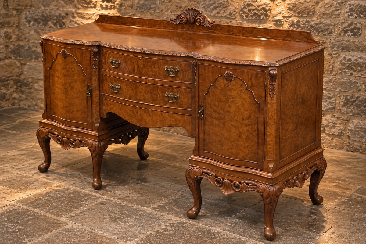 Vintage Queen Anne Style Burr Walnut Sideboard – Ornate Carved Cabriole Leg Buffet Cabinet