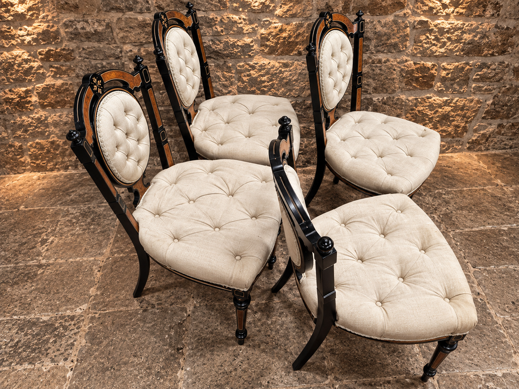 Set of 4 Victorian Aesthetic Movement Ebonised & Burr Walnut Inlaid Dining Chairs c.1875