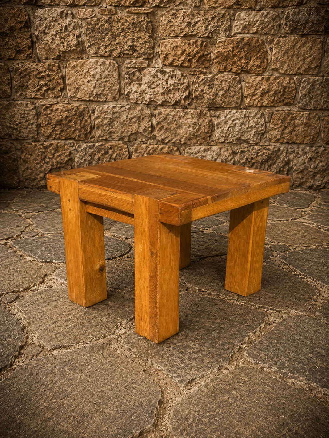 Vintage Brutalist Oak Side Table – Rustic 1970s Artisan Coffee Table