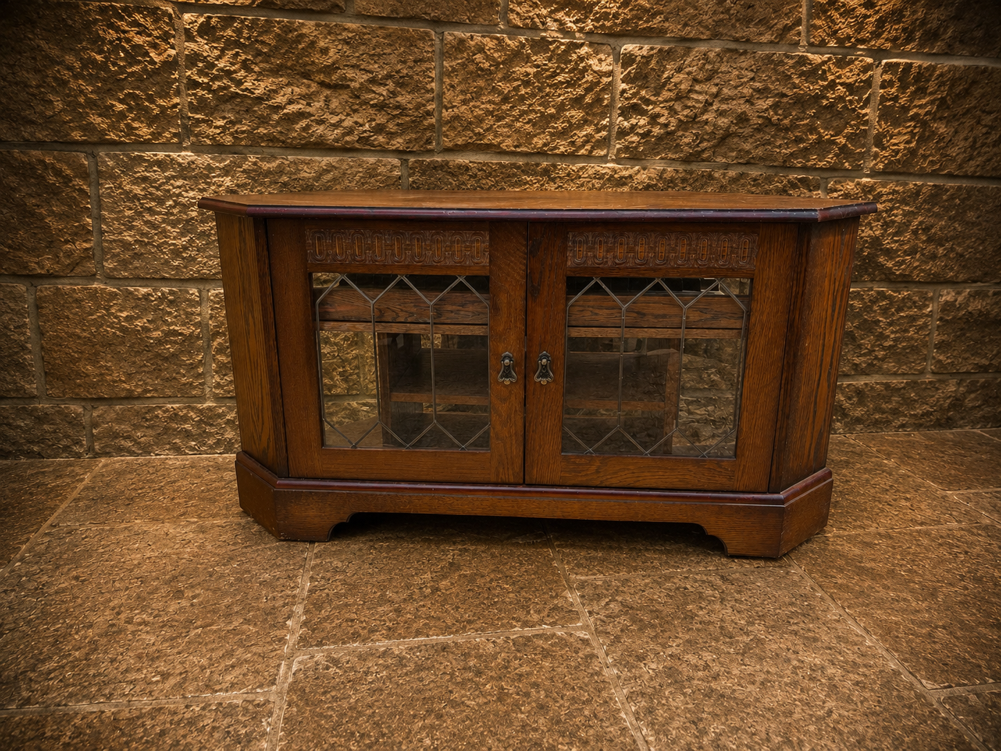 Antique Oak Music Cabinet | Arts & Crafts Leaded Glass Record Cabinet | Jacobean Revival Drinks Cabinet | Vintage Vinyl Storage