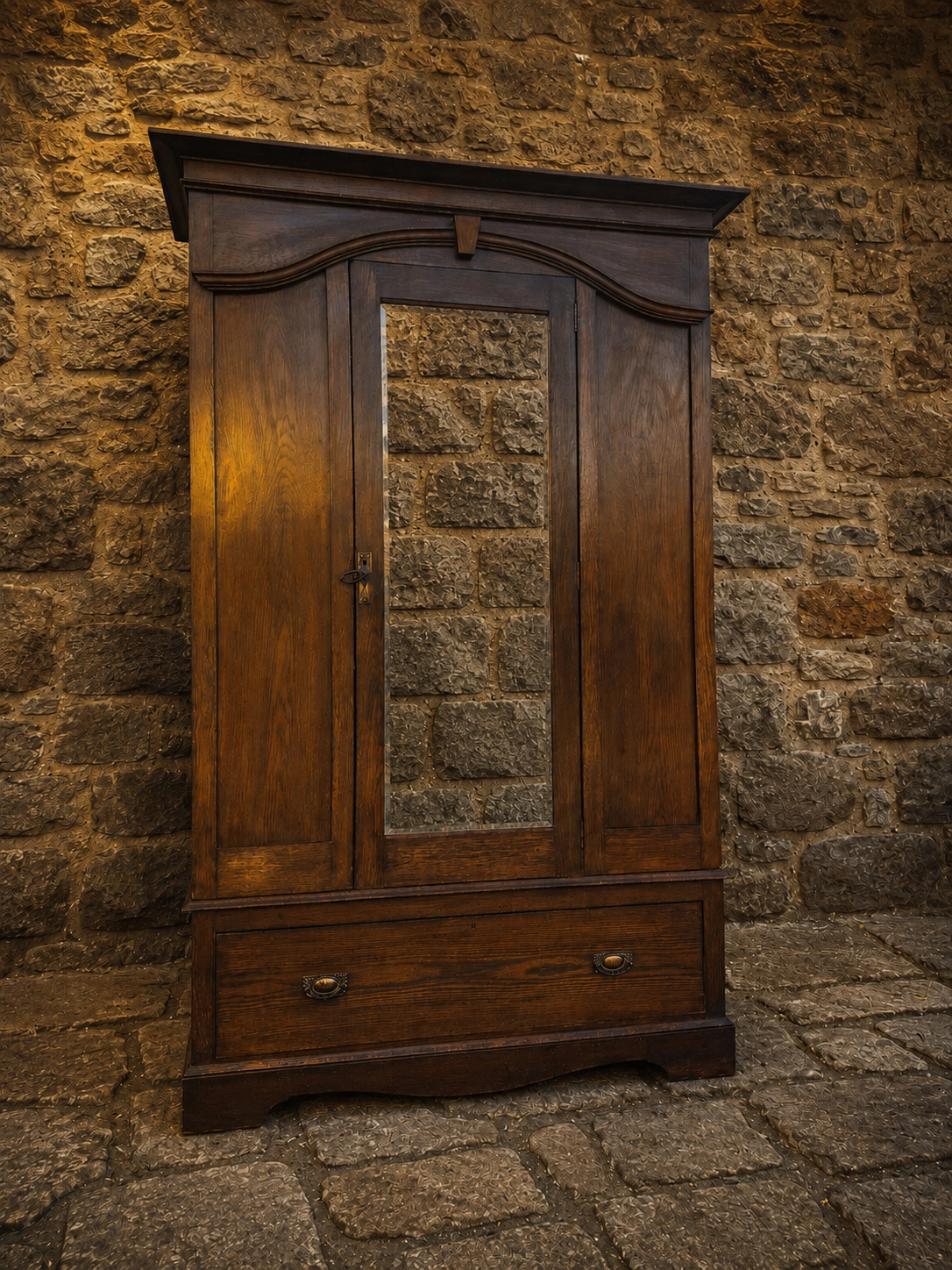 Antique Victorian Oak Mirrored Wardrobe c.1900