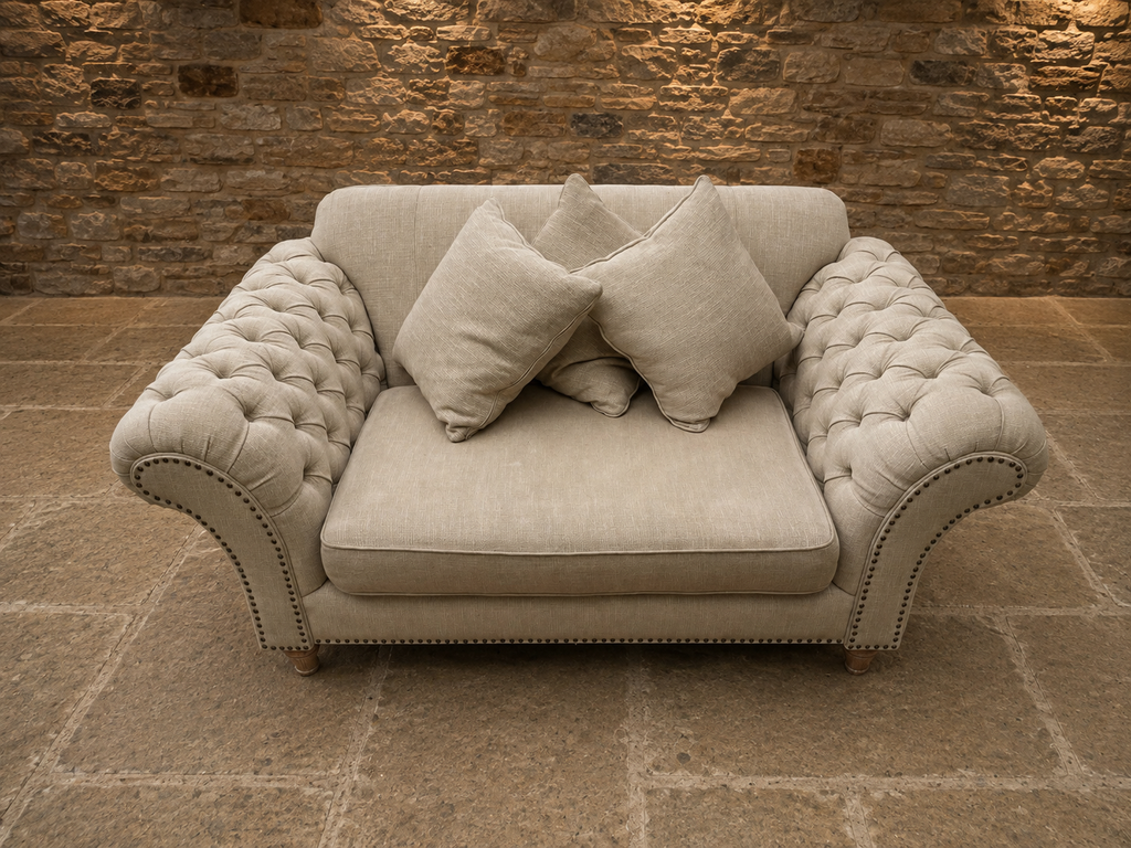 Luxury Chesterfield Style Oversized Snuggler Sofa – Neutral Linen Buttoned Love Seat