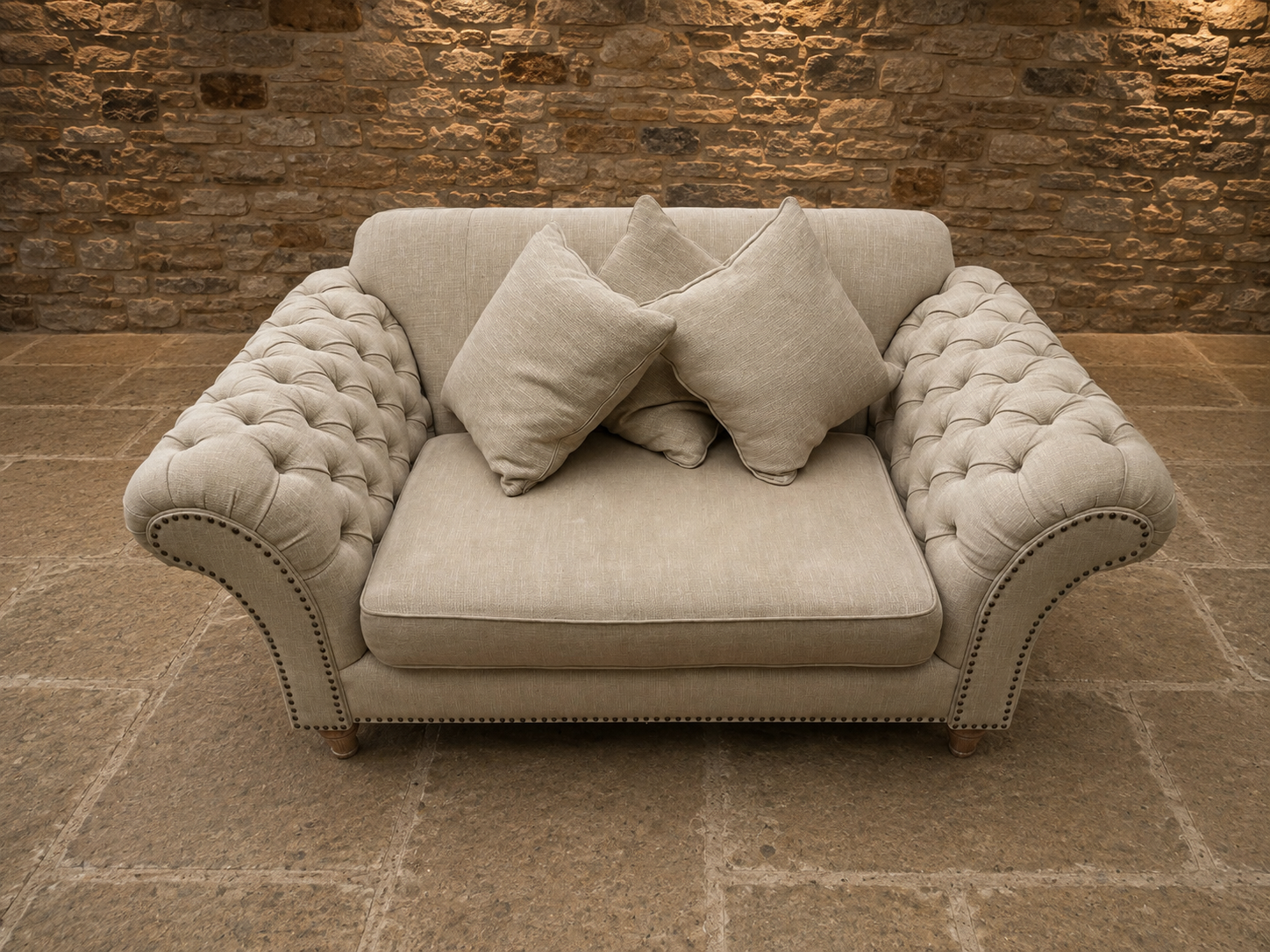 Luxury Chesterfield Style Oversized Snuggler Sofa – Neutral Linen Buttoned Love Seat