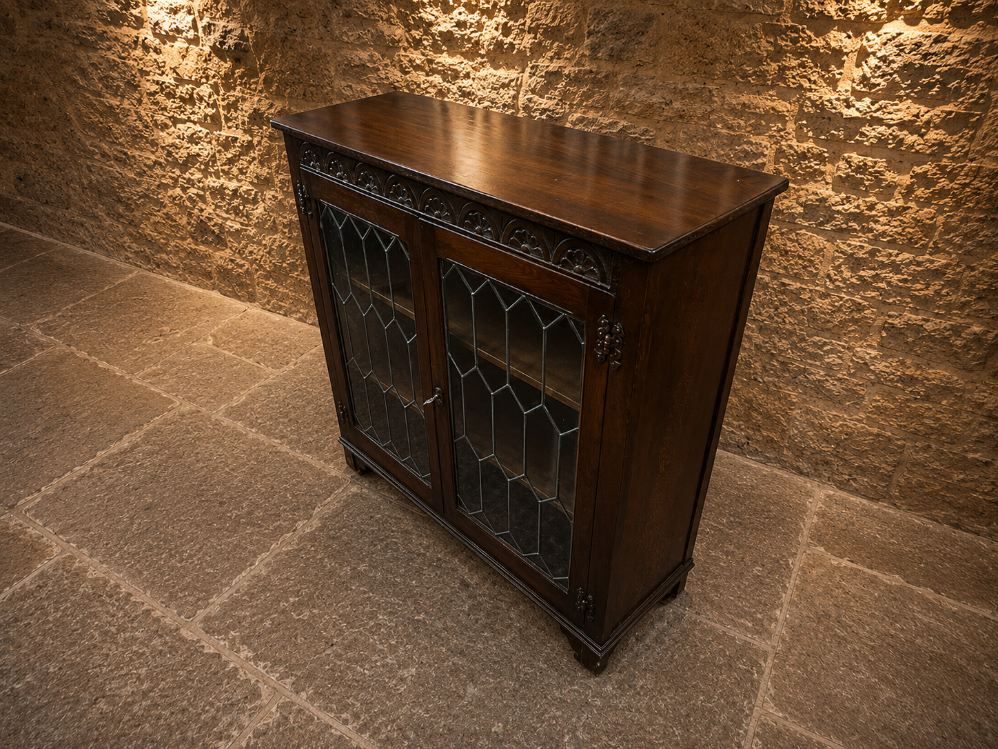Vintage Oak Leaded Glass Display Cabinet | Gothic Revival Bookcase | Drinks Cabinet