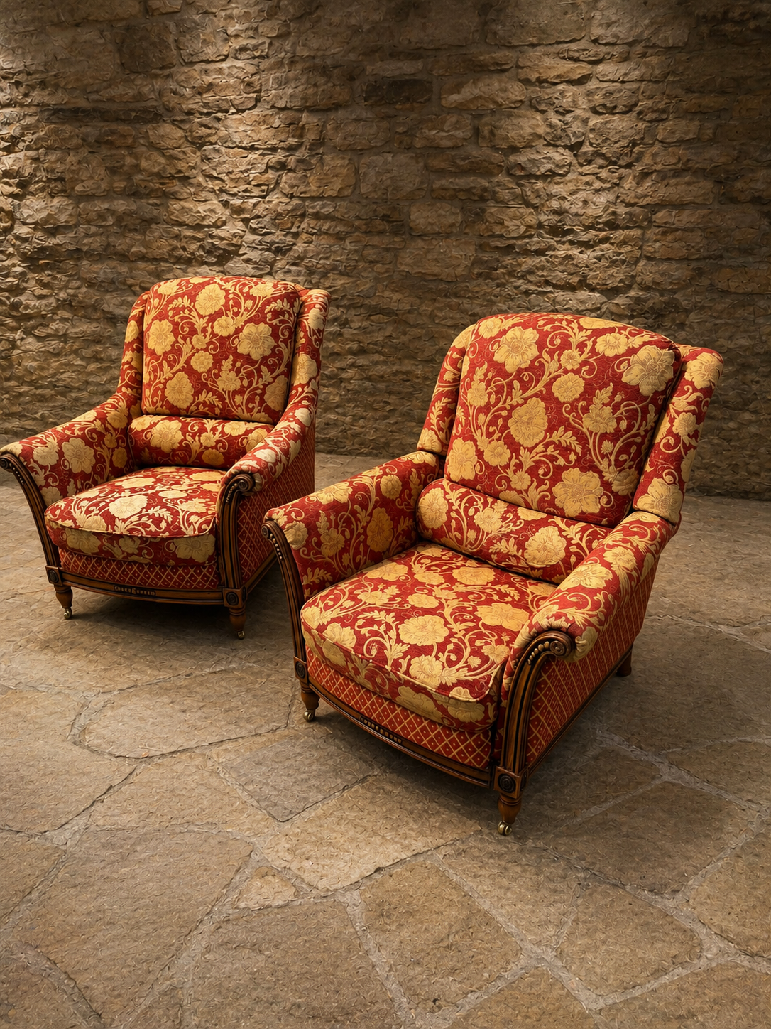 Pair of English Country House Damask Armchairs with Reclining Footstool