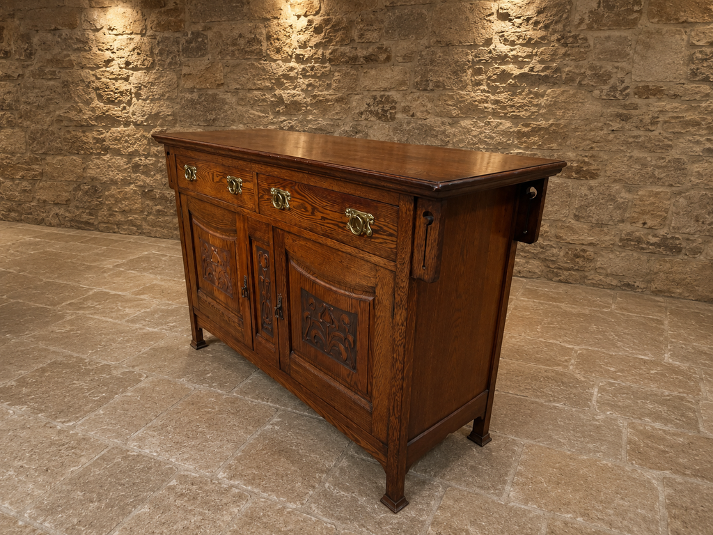 Antique Arts & Crafts Oak Sideboard | Edwardian Solid Oak Buffet Cabinet | Hand Carved English Storage Cabinet | 1905–1920