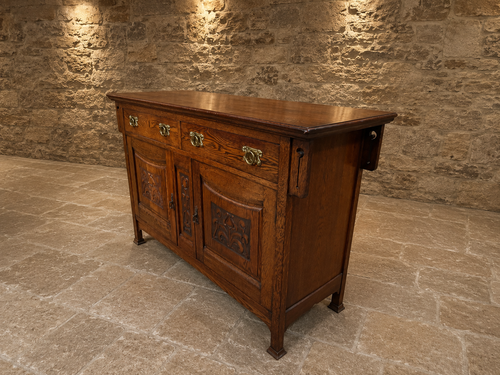 Antique Arts & Crafts Oak Sideboard | Edwardian Solid Oak Buffet Cabinet | Hand Carved English Storage Cabinet | 1905–1920