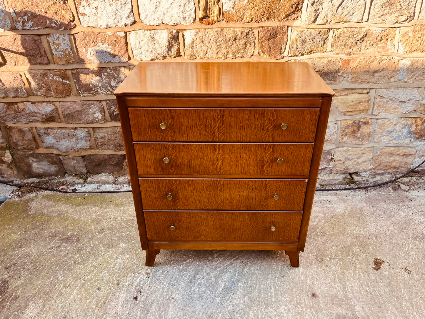 Mid Century Oak Chest of Drawers – Vintage 4 Drawer Dresser – Tiger Oak Veneer Bedroom Storage – 1960s British Furniture