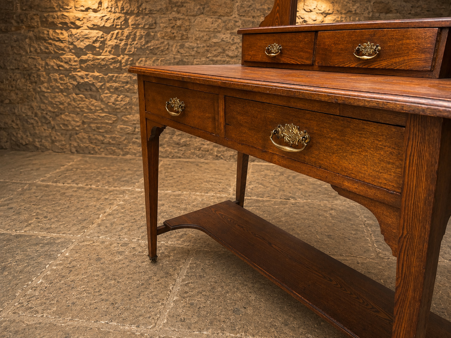 Antique Edwardian Oak Dressing Table with Mirror | Arts & Crafts Vanity Table | Hall Console | Circa 1905–1915