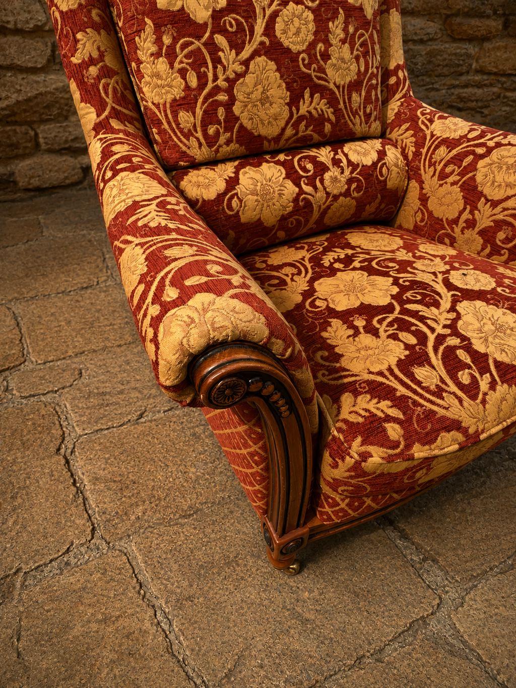 Pair of English Country House Damask Armchairs with Reclining Footstool