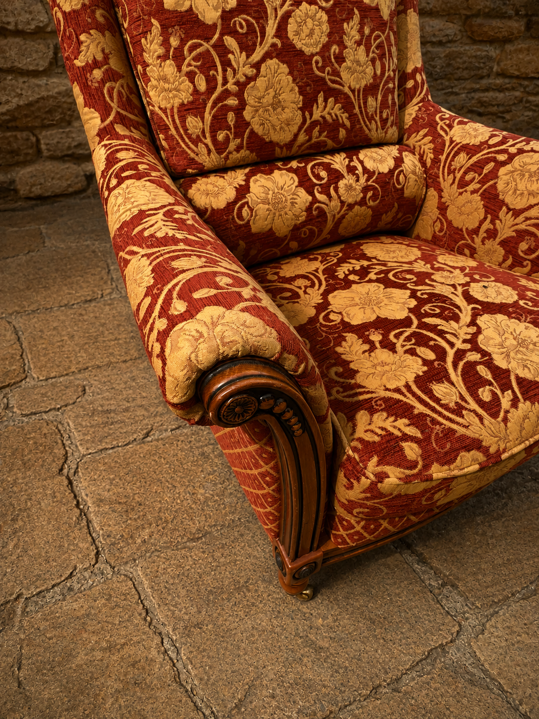 Pair of English Country House Damask Armchairs with Reclining Footstool