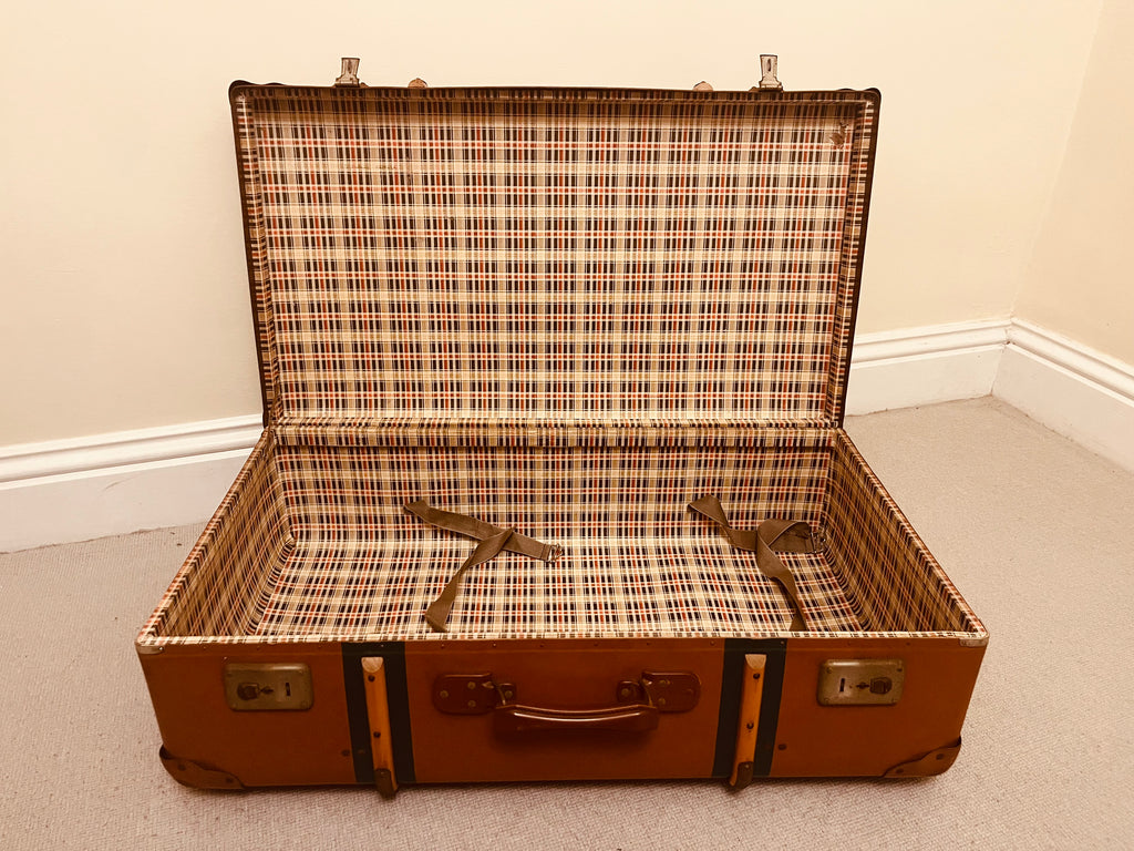 Pair of Vintage Travel Trunks – Tan Leather & Black Metal Storage Chests – Retro Luggage by The Proudlove Studio
