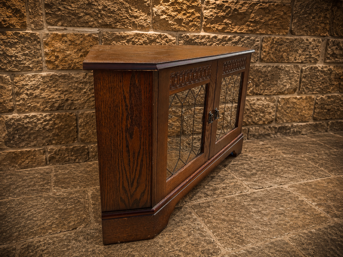 Antique Oak Music Cabinet | Arts & Crafts Leaded Glass Record Cabinet | Jacobean Revival Drinks Cabinet | Vintage Vinyl Storage