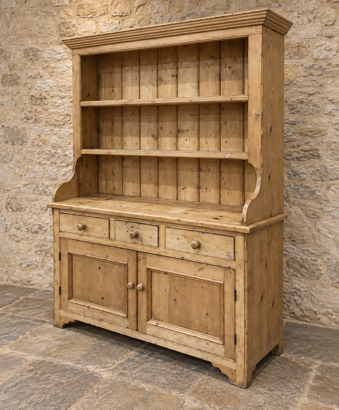 Vintage pine farmhouse dresser with open shelving