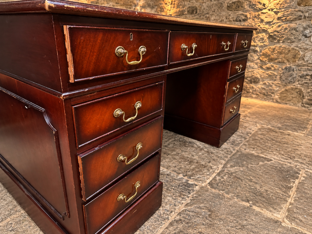 Antique Mahogany Twin Pedestal Writing Desk with Green Leather Top | Victorian Edwardian