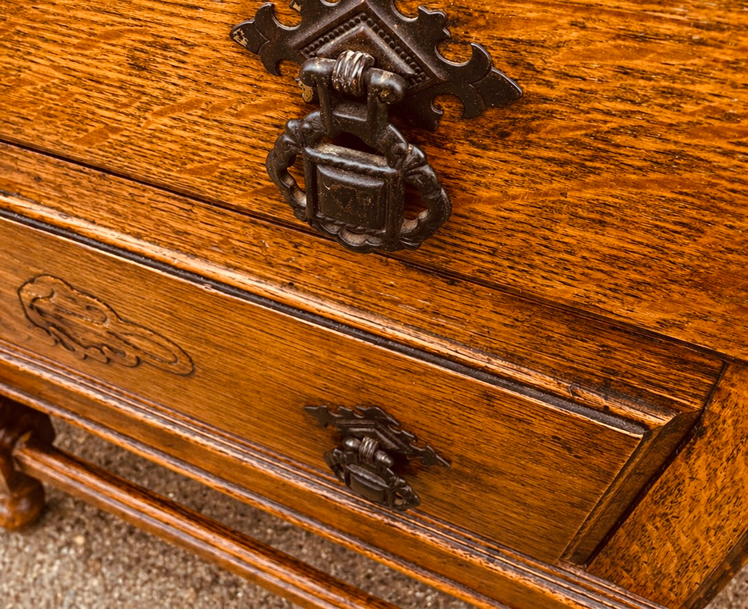 Vintage Oak Bureau Desk – 1930s Fall Front Writing Desk with Carved Detail