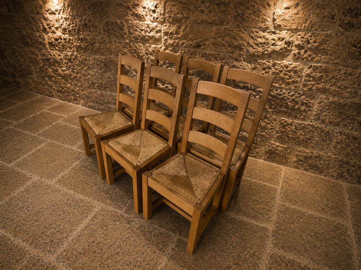 Set of 6 Solid Oak Arts & Crafts Ladder Back Dining Chairs with Rush Seats