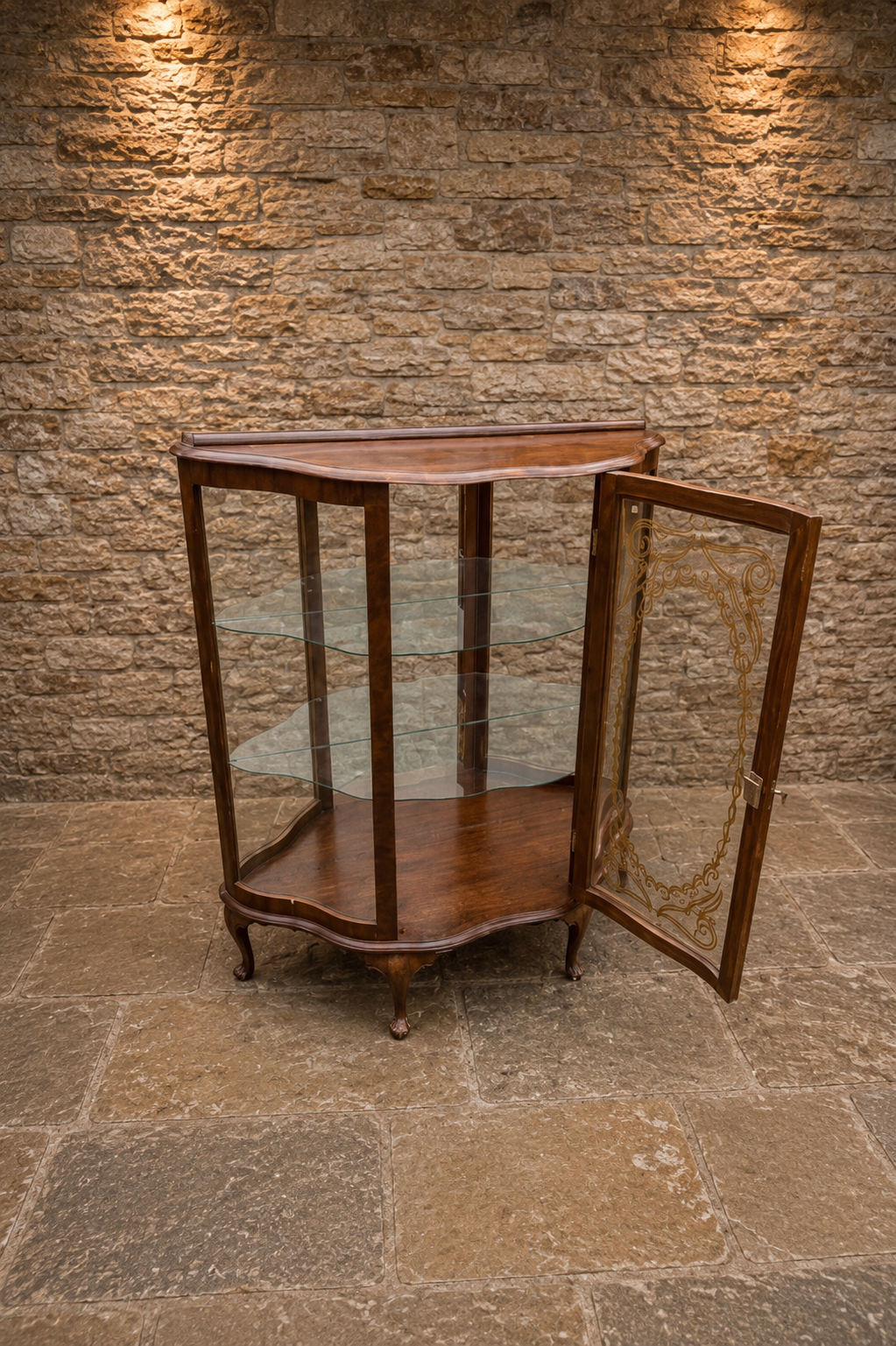 Edwardian Bow Front Walnut Display Cabinet | Antique Curved Glass Curio Cabinet | Circa 1905–1915