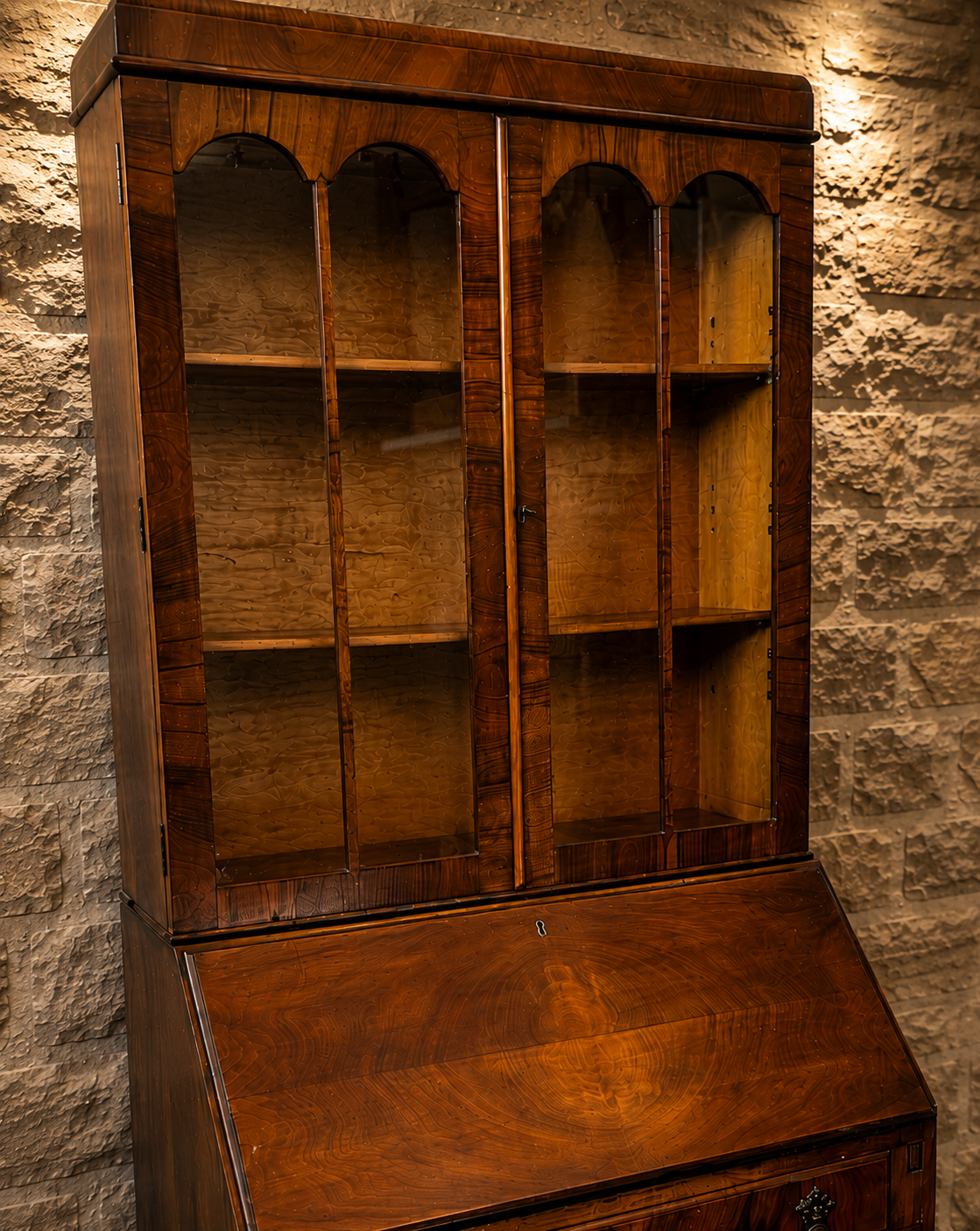 Antique Figured Walnut Bureau Bookcase | George III Style Secretary Cabinet | Glazed Display Bureau | English c.1920–1940