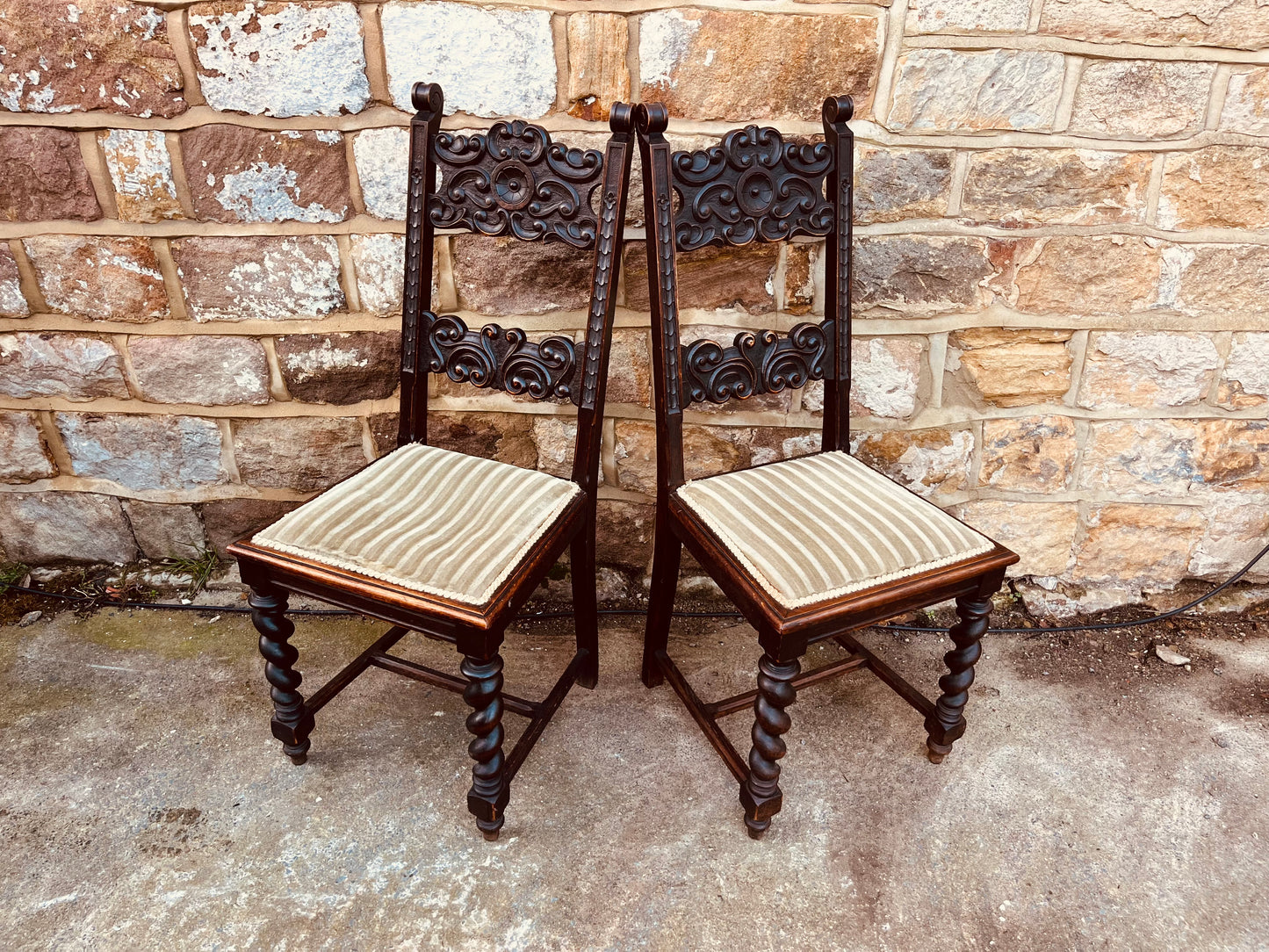 Pair of Antique Carved Dining Chairs – Barley Twist Legs & Ornate Backrest
