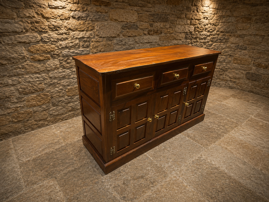 Jacobean Revival Solid Oak Sideboard | Vintage English Oak Buffet Cabinet | Rustic Farmhouse Sideboard | Large Country House Storage Cabinet