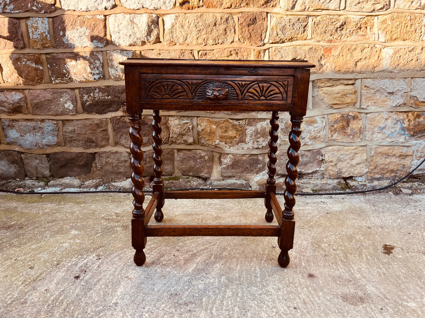Antique Oak Barley Twist Side Table – Carved Drawer – Jacobean Revival Circa 1920s