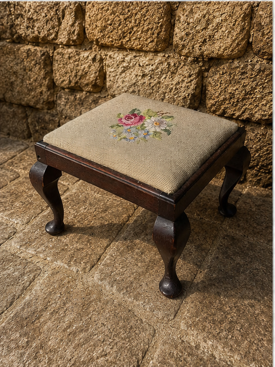 Vintage Mahogany Footstool | Needlepoint Floral Fireside Stool c.1920–1940