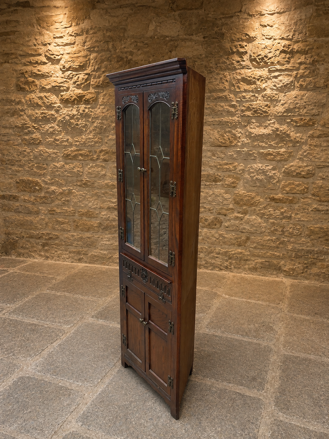 Vintage Oak Corner Display Cabinet with Leaded Glass Doors