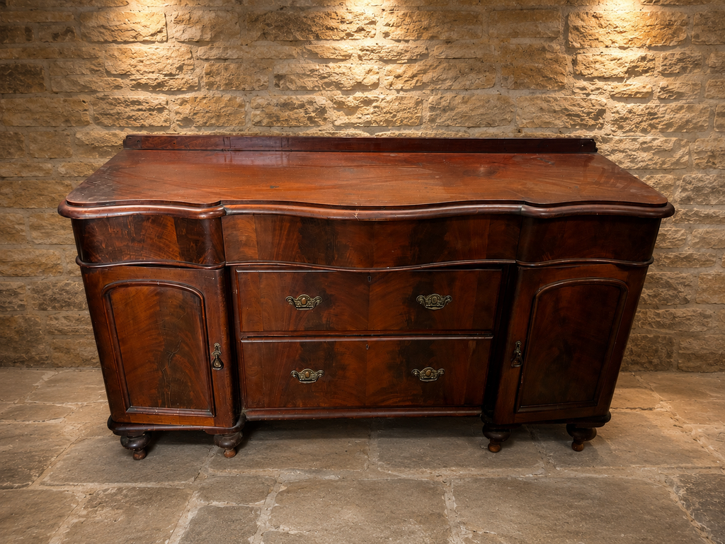 Antique Victorian Mahogany Serpentine Sideboard | c.1840–1860 | Figured Wood Chiffonier | Large Country House Storage Cabinet