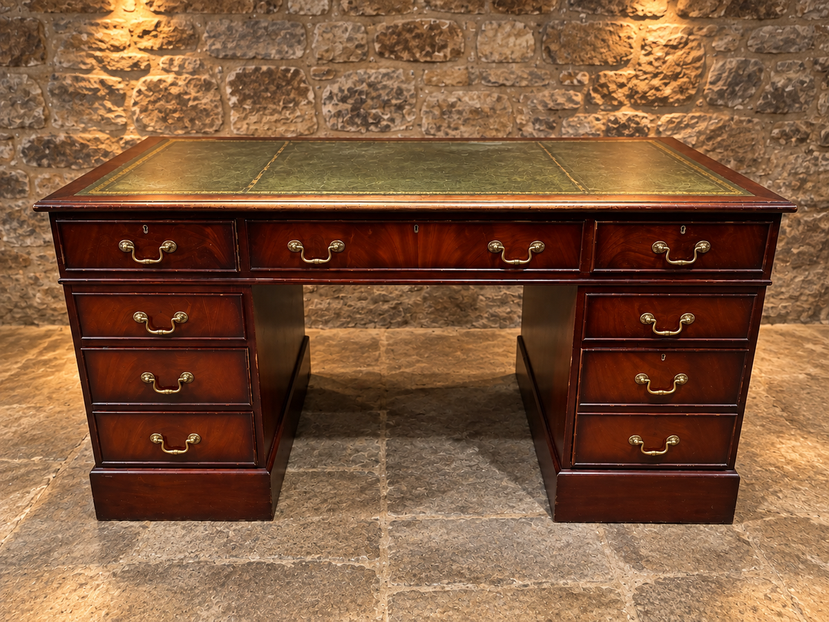 Antique Mahogany Twin Pedestal Writing Desk with Green Leather Top | Victorian Edwardian