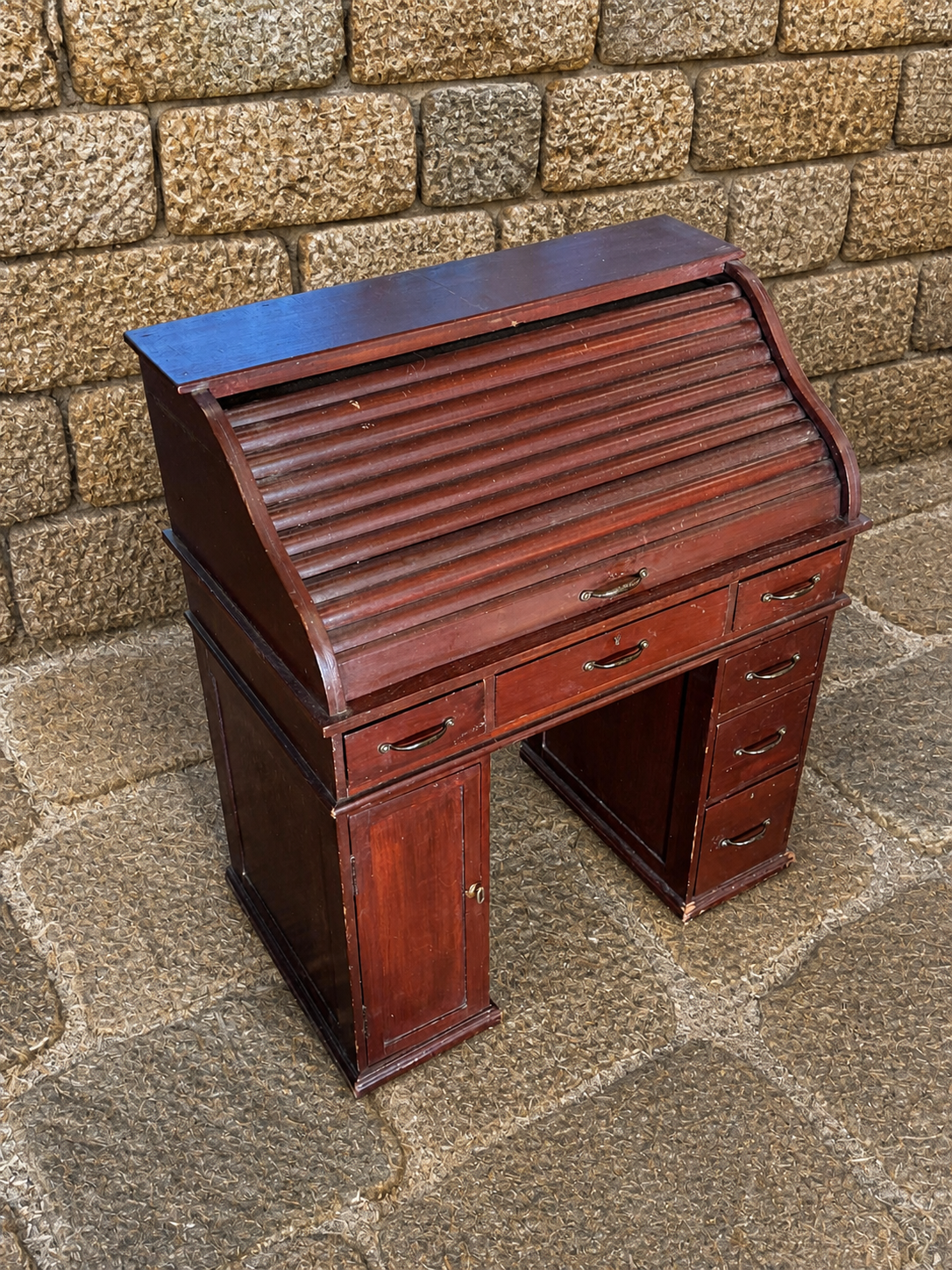 Antique Style Roll Top Desk | Compact 1930s Writing Bureau with Tambour Front